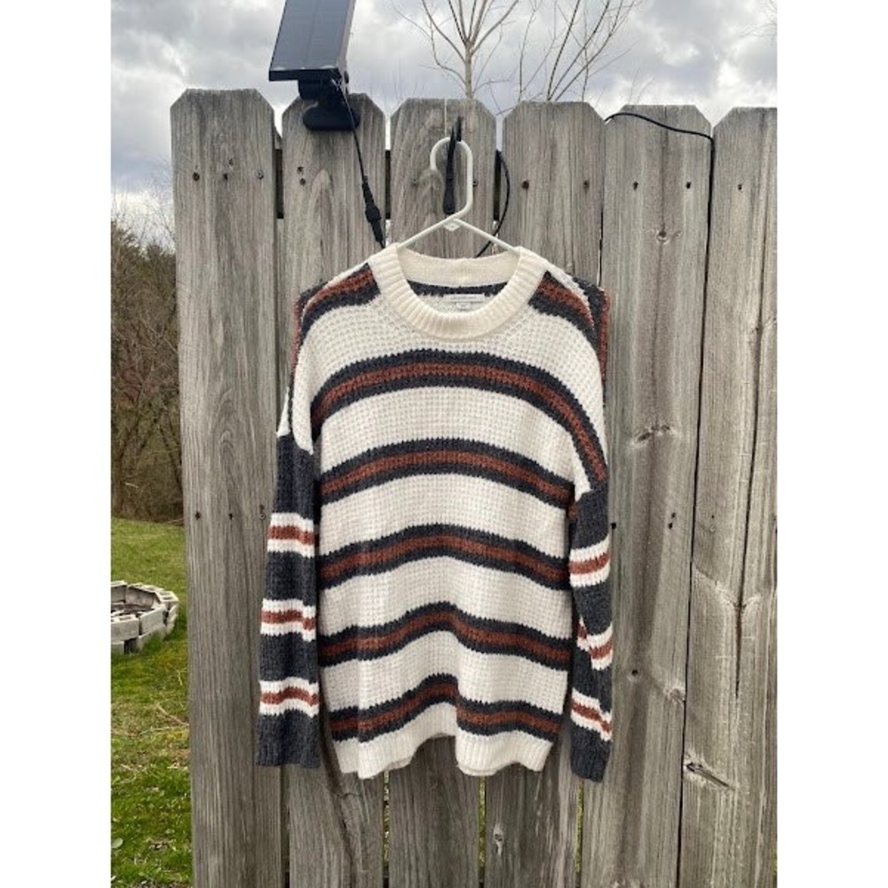 American Eagle Waffle Knit Striped Sweater Cream Grey Rust XS TP EXCH